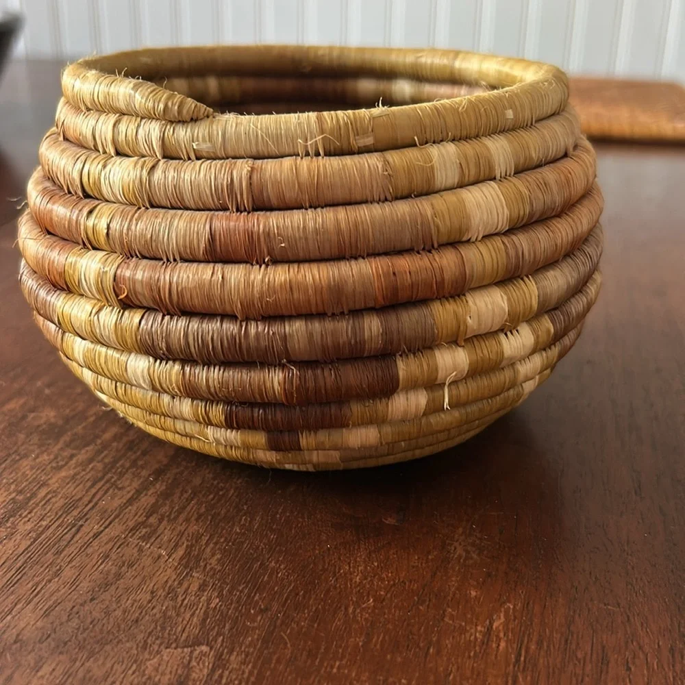 Handwoven Bowl Coil Papago Yellow Brown Green Beige Woven